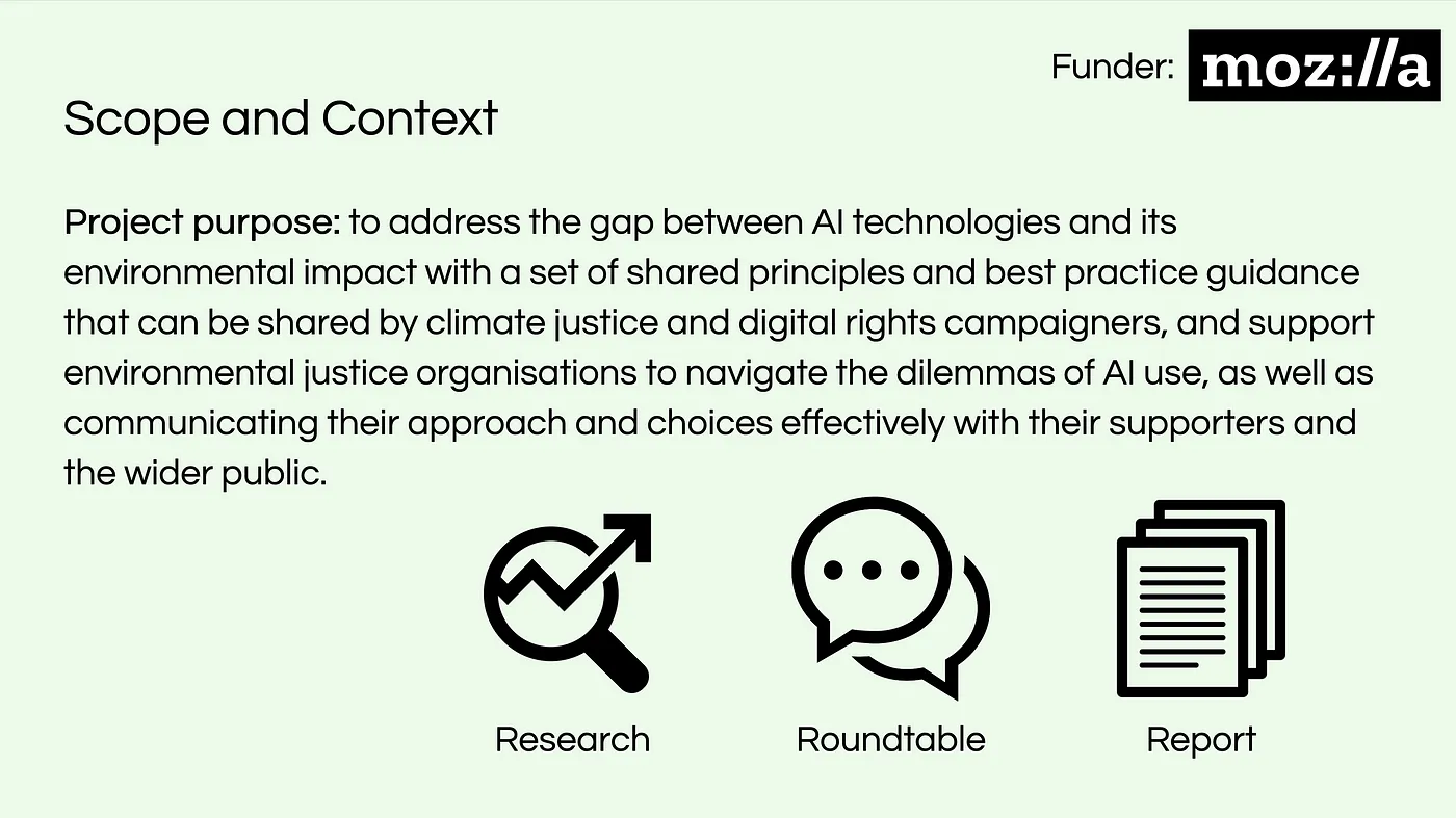 slide that says funder: Mozilla and the Scope and Context Project purpose: to address the gap between Al technologies and its environmental impact with a set of shared principles and best practice guidance that can be shared by climate justice and digital rights campaigners, and support environmental justice organisations to navigate the dilemmas of Al use, as well as communicating their approach and choices effectively with their supporters and the wider public.